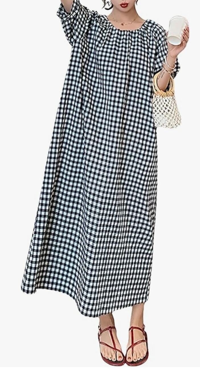 Casual Gingham Loose-Fit Swing Dress Lantern Puff Sleeve Plaid Midi Long Dress